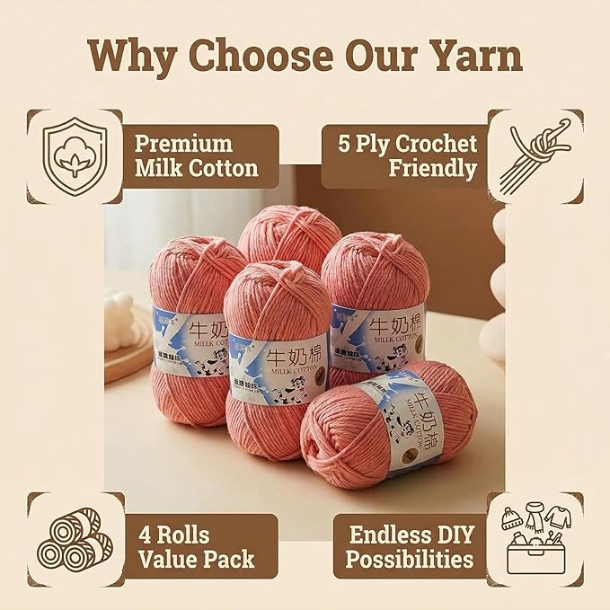 4 Pack Milk Cotton Yarn for Crocheting, 5 Ply Super Soft Baby Yarn, 50g Fluffy Cotton Yarn for Amigurumi, DIY Crafts, Hats, Socks and Knitting Projects