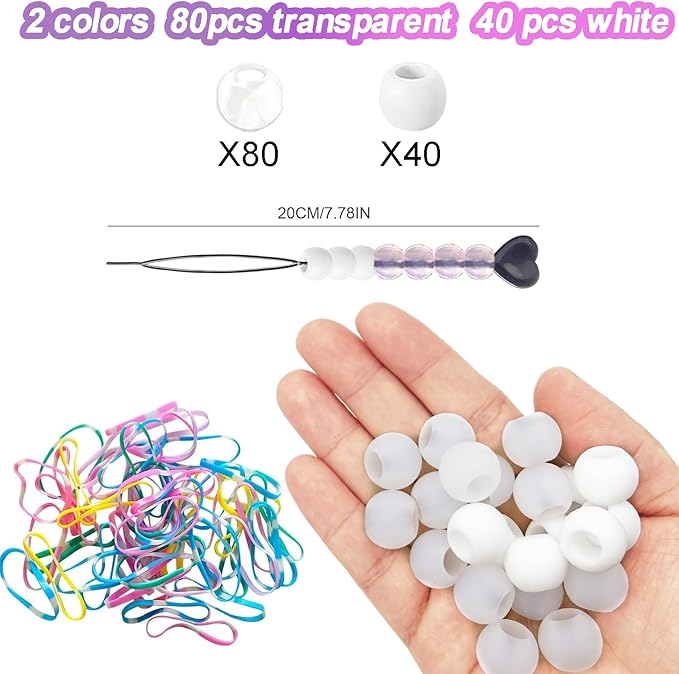 120Pcs 14mm Large Silicone Beads for Hair Braids, Soft Jellyish Hair Beads with 7mm Hole + 50 Rubber Bands and 1 Beader for Braiding, DIY Bracelets Necklaces Crafts(Transparent)