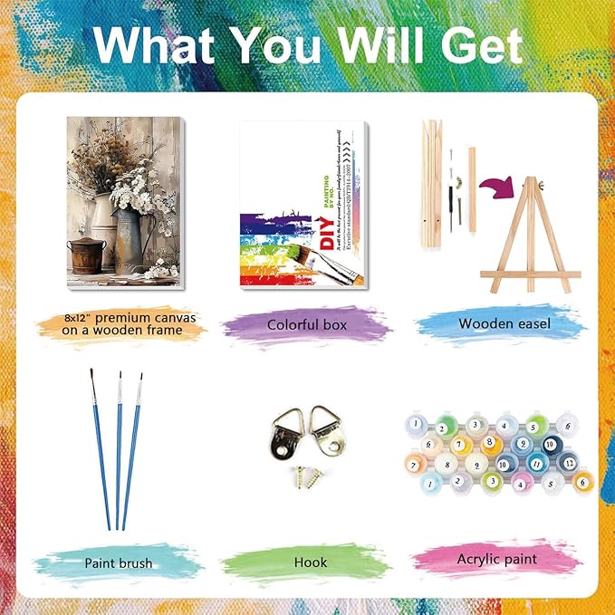 Vintage Flower Paint by Numbers for Adults with Framed Canvas - with Wooden Easel, Rustic Flowers Paint by Number on Canvas, DIY Acrylic Oil Painting Kits with Brushes for Home Wall Decor (8x12 inch)