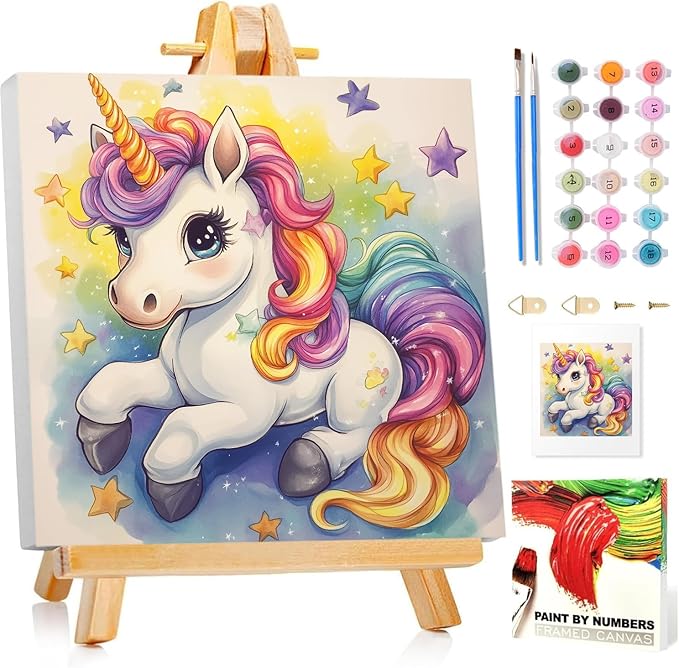 Paint by Numbers Kit for Kids with Frame, Unicorn Paint by Numbers for Kids Ages 4-8-12, DIY Unicorn Acrylic Oil Painting for Home Wall Art Decor Gift 7.8x7.8 inch (with Frame Easel)