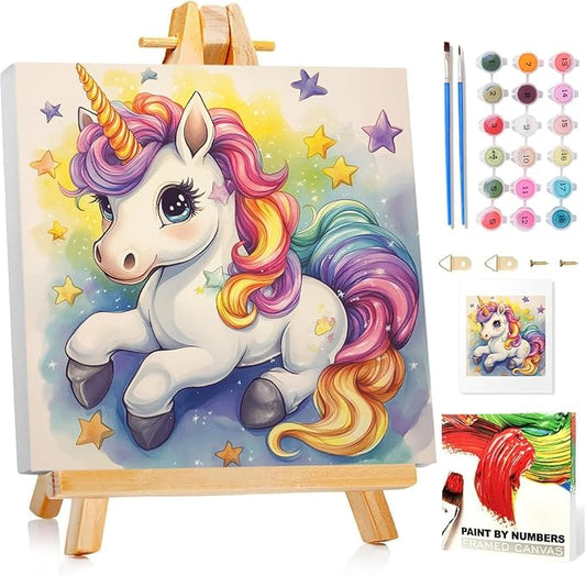 Paint by Numbers Kit for Kids with Frame, Unicorn Paint by Numbers for Kids Ages 4-8-12, DIY Unicorn Acrylic Oil Painting for Home Wall Art Decor Gift 7.8x7.8 inch (with Frame Easel)