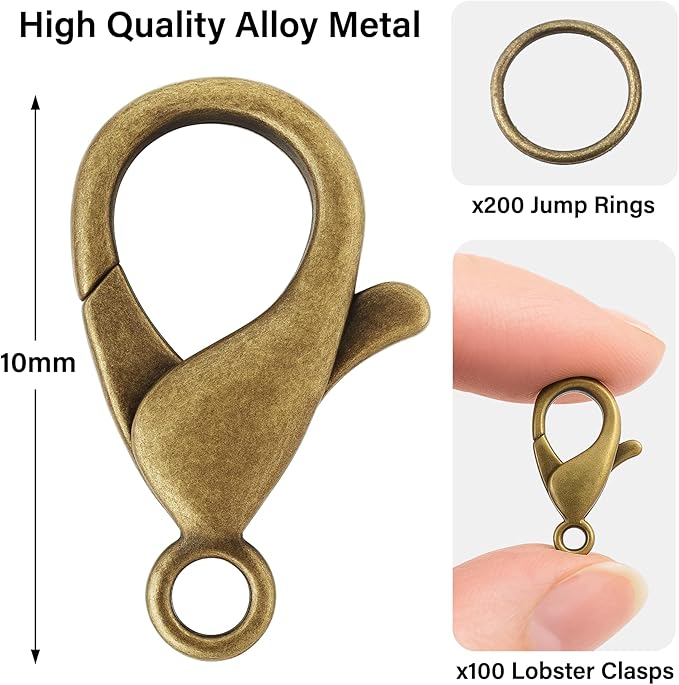 Mandala Crafts 10mm Antique Brass Metal Lobster Clasps for Jewelry Making - 100 Lobster Claw Clasps with Jump Rings Jewelry Findings Kit for Necklaces Bracelets Charms Fasteners