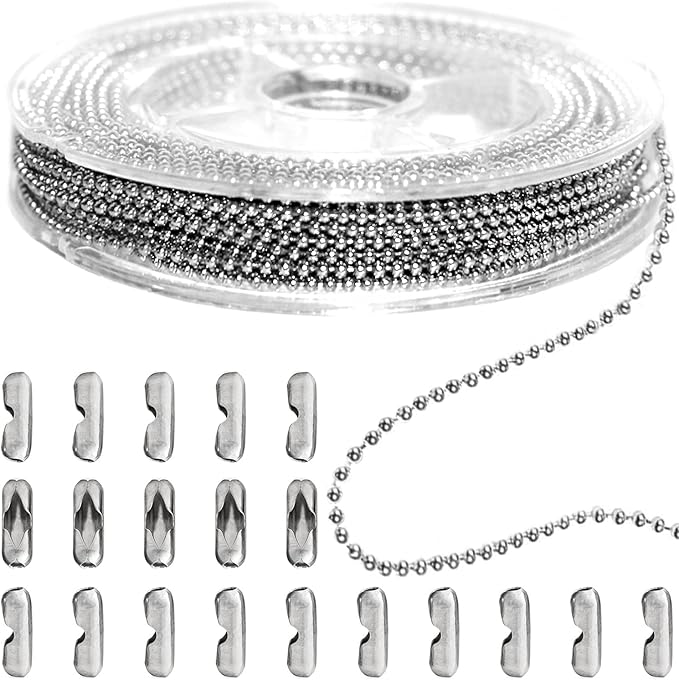 jishi steel ball chain bead dog tag chain beaded necklace chains for jewelry making bracelet military crafts, silver metal pull chain small ball bead chain roll w/20 connectors (silver, 33ft 1.5mm)