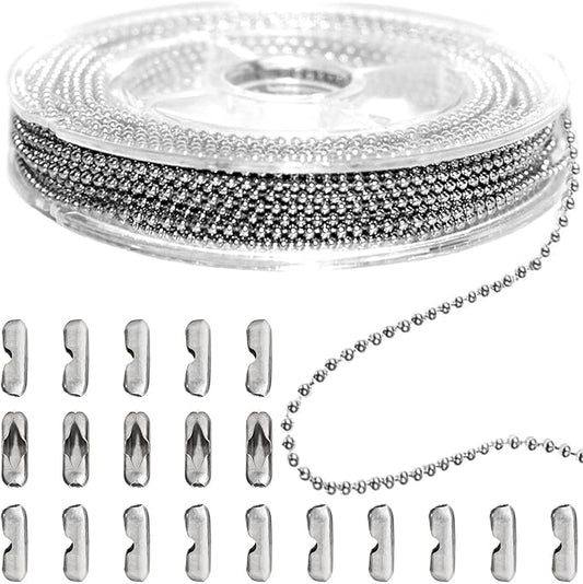 jishi steel ball chain bead dog tag chain beaded necklace chains for jewelry making bracelet military crafts, silver metal pull chain small ball bead chain roll w/20 connectors (silver, 33ft 1.5mm)
