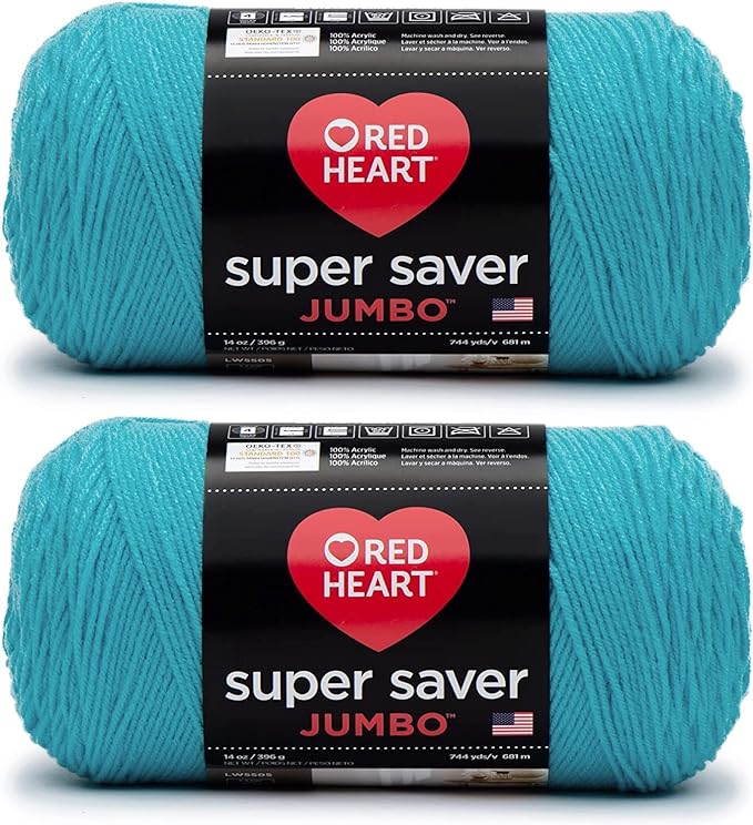 Red Heart Super Saver Jumbo Turqua Yarn - 2 Pack of 396g/14oz - Acrylic - 4 Medium (Worsted) - 744 Yards - Knitting/Crochet