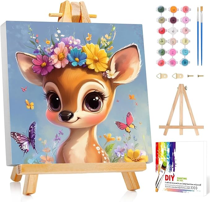 Reivworl Paint by Numbers Kit for Kids with Frame and Easel, Deer Paint by Number for Kids Age 6-8-12, Paint by Numbers Kits for Gifts and Home Decor - 8X8Inch