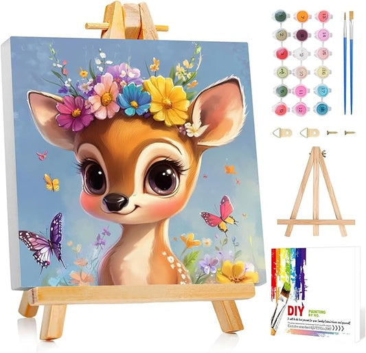 Reivworl Paint by Numbers Kit for Kids with Frame and Easel, Deer Paint by Number for Kids Age 6-8-12, Paint by Numbers Kits for Gifts and Home Decor - 8X8Inch