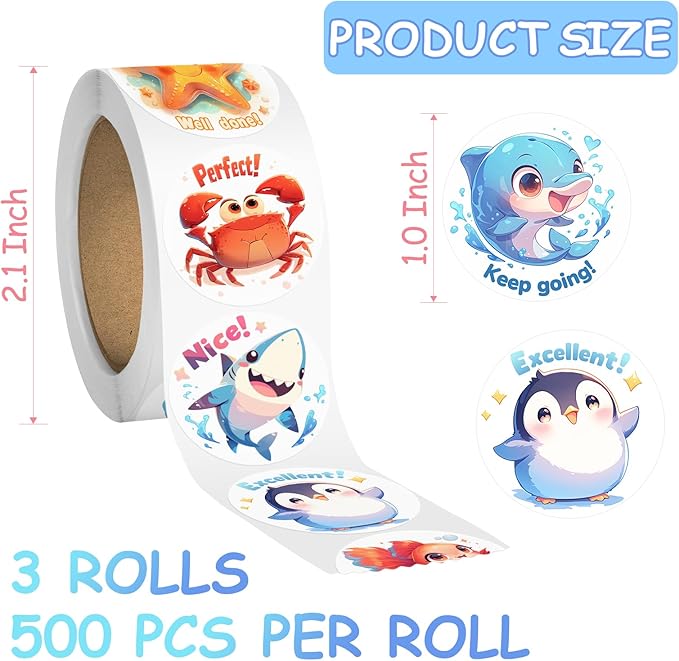 3 rolls animal stickers for kids, 1500 pcs kids stickers bulk for toddlers 2-4, 24 designs farm/ocean/wild cute sticker with motivational words for kid reward, school supplies (1.0 inch)