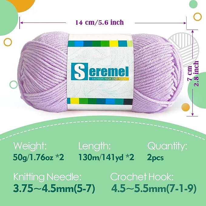 2 Pcs Soft Fluffy Acrylic Yarn for Crocheting and Knitting #4Worsted Weight Yarn-2x50g/2x 142Yards Perfect for Crafts, Blankets Hats, Gloves, Scarf (Lavender)