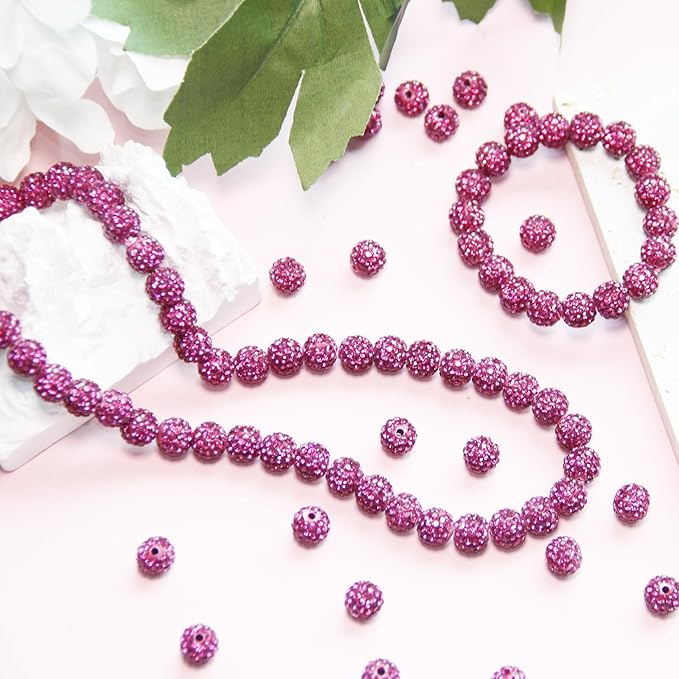 150 Pcs 10mm Rhinestone Beads for Jewelry Making, Rose Red Shiny Round Shamballa Disco Baseball Necklace Beads Sparkle Crystal Clay Pave Rhinestones Bead for DIY Bracelet Earring Craft Making Supplies