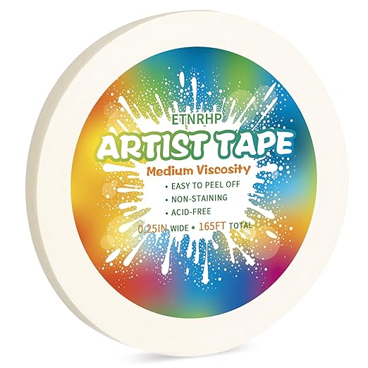 White Art Tape Medium Tack Artist Masking Tape Paper Acid Free Tape Watercolor Painters Tape Artists Tape for Drafting Art Watercolor Painting Canvas Framing, 0.25 inch Wide 165FT Long