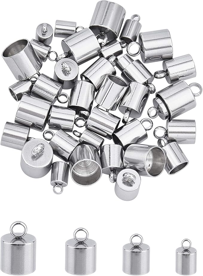 UNICRAFTALE 4 Sizes 40pcs Stainless Steel Cord Ends Leather Cord End Caps Cord End Caps Terminators Cord Finding for Jewelry Making Kit, Stainless Steel Color
