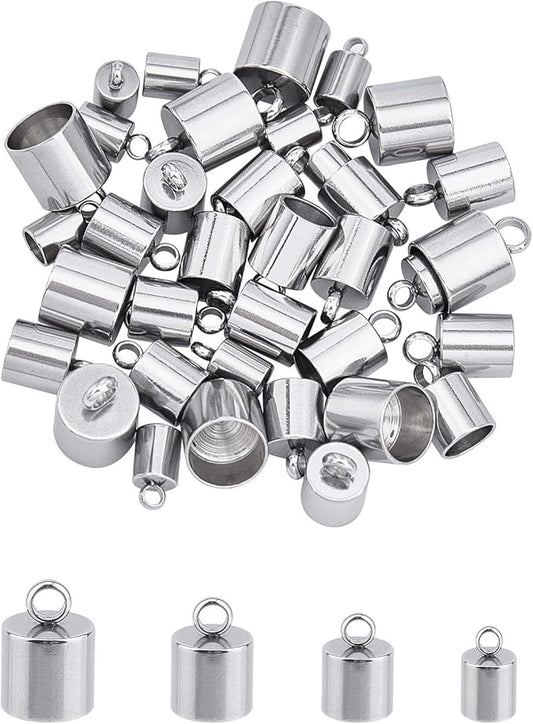 UNICRAFTALE 4 Sizes 40pcs Stainless Steel Cord Ends Leather Cord End Caps Cord End Caps Terminators Cord Finding for Jewelry Making Kit, Stainless Steel Color