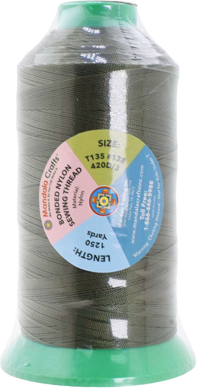 Mandala Crafts Size 138 420D T135 Bonded Nylon Thread - Olive Drab 1250 YDs Tex 135 Heavy Duty Sewing Threads for Leather, Jeans, Weaving, Outdoor Marine Upholstery