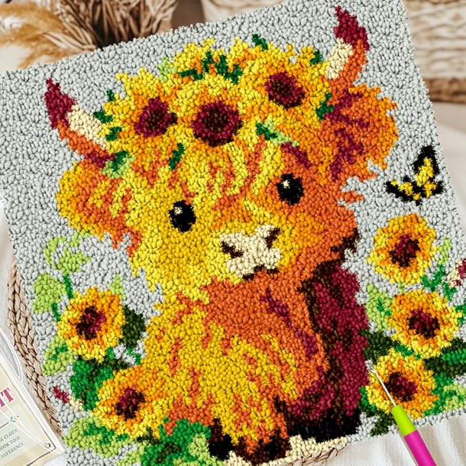 ORIGACH Cow Latch Hook Rug Kit for Adults Printed Rug Making Kit Handmade Carpet Tapestry Cover with Hook Latch and Preprinted Canvas, Home Arts Crafts Sofa Decor, 17.72x17.72inch
