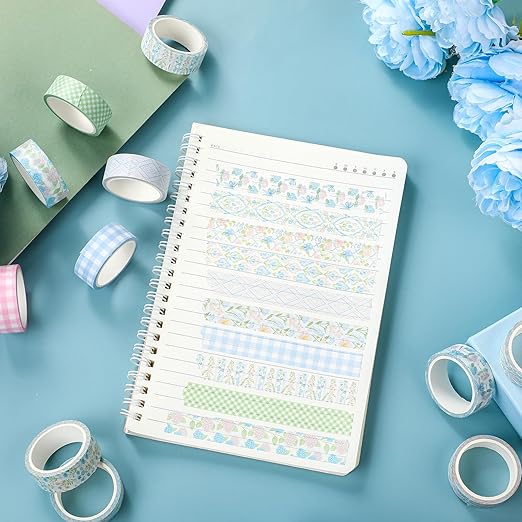 12 Rolls Watercolor Floral Washi Tape Set 15 mm Vintage Flower Decorative Masking Tape for Spring Arts DIY Craft Scrapbook Journal Supplies Gift Wrapping(Pink and Blue,Flowers)