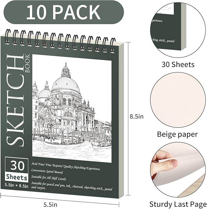 OSIMIG 10 Pack 5.5" * 8.5" Sketch Books, 300 Sheet Drawing Paper, Mini Sketchbook for Kids, Drawing Pad, Top Spiral Bound Sketch Pad for Beginger, Adult Art Supplies