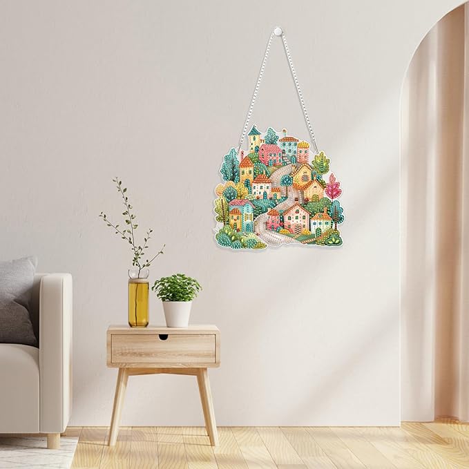 GHHKUD Hanging Diamond Art House Pendants Kits, DIY Hanging Decoration Double Sided Landscape Diamond Pinting Ornaments for Adults Kids Gifts for Home Decor