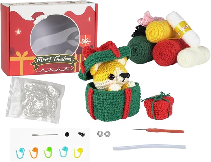 Crochet Set - Beginner Friendly Crochet Set with Step-by-Step Teaching Videos and Crochet Pattern Manuals (Christmas Corgi)