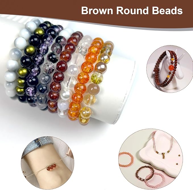 450pcs Glass Beads for Jewelry Making, 6/8mm Assorted Crystal Loose Beads, Brown Series Round Spacer Bead Kit for Bracelet Necklace DIY Craft