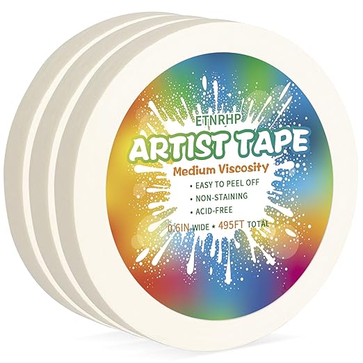3 Packs White Art Tape Medium Tack Artist Masking Tape Paper Acid Free Tape Watercolor Painters Tape Artists Tape for Drafting Art Watercolor Painting Canvas Framing, 0.6 inch Wide 495FT Long