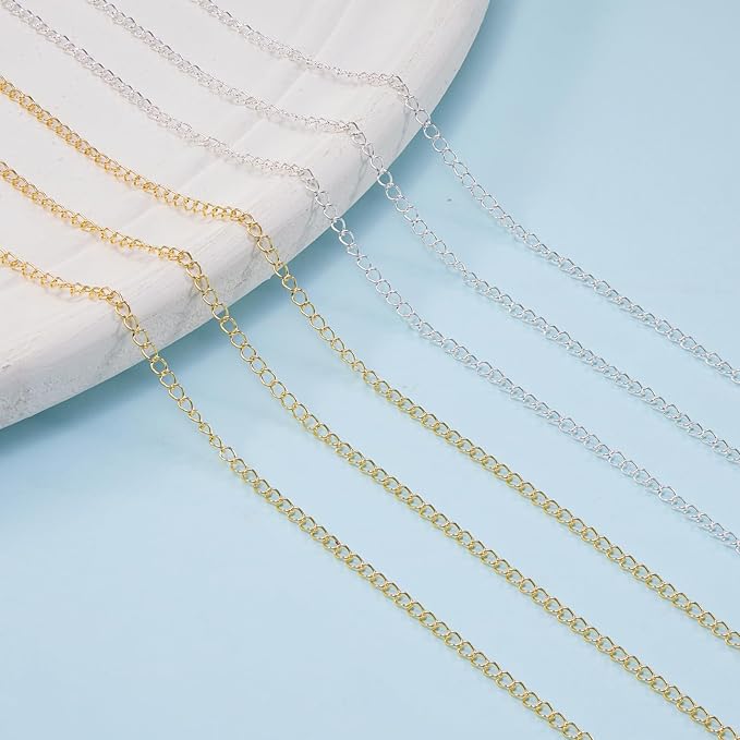 Kyutong 2 Rolls Gold and Silver Extender Chain for Jewelry Making 3MM Wide Curb Links Stainless Steel Necklace Chains Spool on Bulk with Lobster Clasps Jump Rings Jewelry Supplies for Crafts DIY