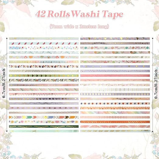 Washi Tape Set 42 Rolls Thin Washi Tape Self-Adhesive Gold Foil Patterns Tape Cute Scrapbook Paper Tape Decorative Tape for Scrapbook Journal DIY Craft Scrapbooking Journal Supplies Gift Wrapping
