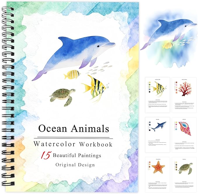SLWBZ Watercolor Workbooks Coloring Book, Beginner Friendly Painting Kit, Easy Exquisite with Steps, Creative Exploration Watercolor Book for Adults Teens (Dolphin, Without Paint)