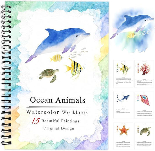 SLWBZ Watercolor Workbooks Coloring Book, Beginner Friendly Painting Kit, Easy Exquisite with Steps, Creative Exploration Watercolor Book for Adults Teens (Dolphin, Without Paint)