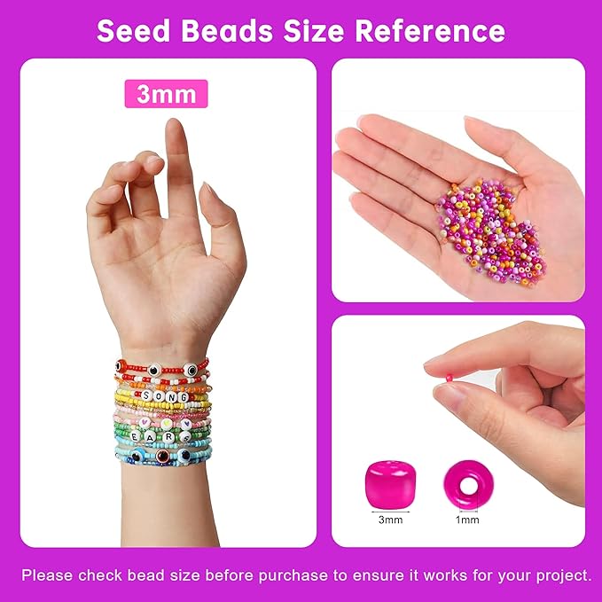 Redtwo 3mm 44500pcs Glass Seed Beads Kit, 7 Boxes 144 Colors Small Beads for Bracelets, Friendship Bracelet Kit with Charms and Letters