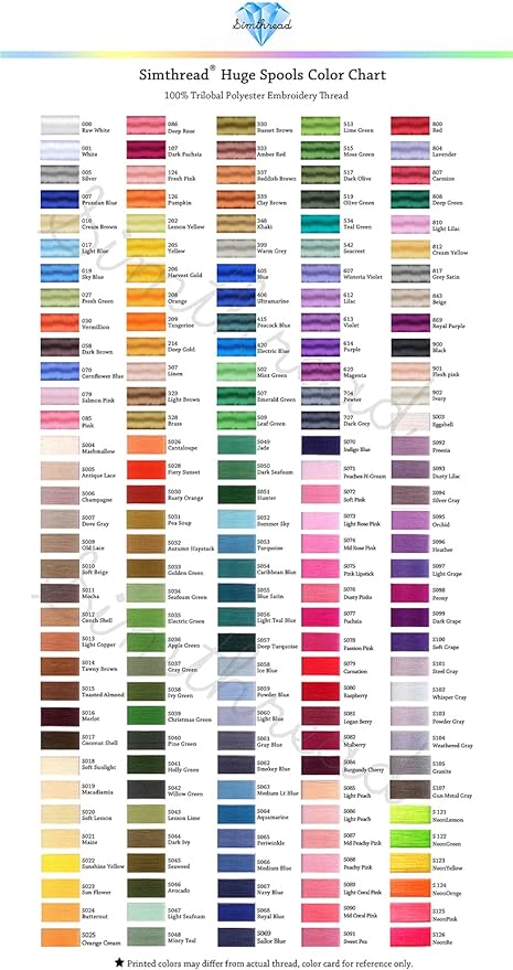 Simthread 5500Yds Embroidery Thread, 5000M High-Yardage 40WT 100% Polyester Thread – 170+ Vivid Colors, High-Speed Rated – Compatible with Brother, Singer, Janome & More - Camation S079