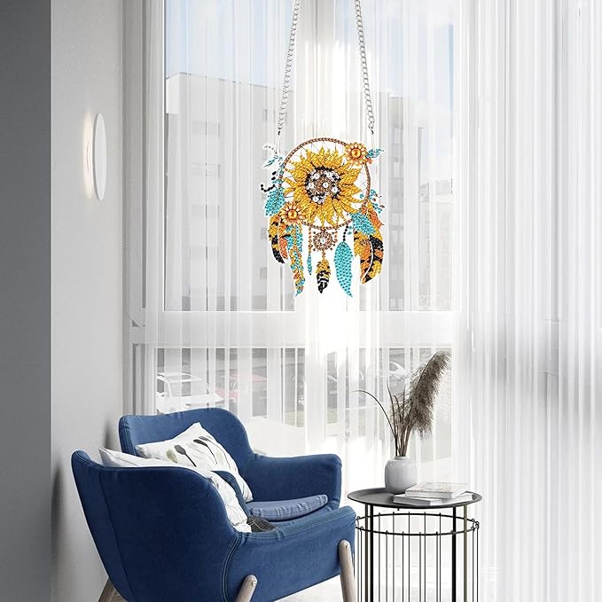AiYuanzsh Sunflower Dream Catcher Diamond Painting Kit Ornament with Hanging Chain DIY Diamond Art Hanging Pendant Paint by Number Stained Glass Wall Art for Adults Home Wall Decor Gift