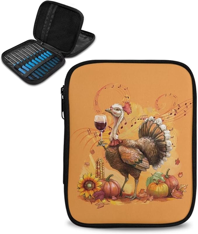 Hechitok Turkey Pumpkin Crochet Hook Case Portable Travel Crochet Storage Bag Organizer Zipper Bags with Web Pocket and Crochet Holder Slots for Crochet Knitting Accessories
