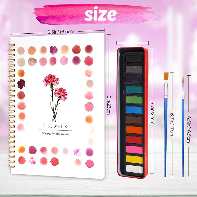 Watercolor Workbook for Adults Watercolor Coloring Books for Adults Beginners, Easy Water Coloring Book, Flower Water Color Paint Set Painting Kit with 1 Spiral Sketchbook, 12 Colors, 2 Brush 1 Bucket