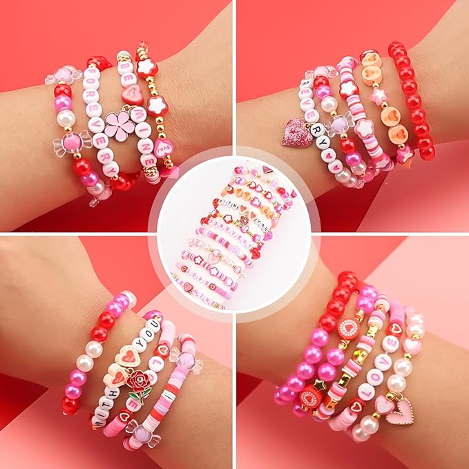 HSONAIGEE Valentine Beads Bracelet Making Kit, Assorted Valentine's Day Bead Pink Beads Polymer Clay Bead Heart Bead Charms for Jewelry Necklace Earring Making DIY Crafts