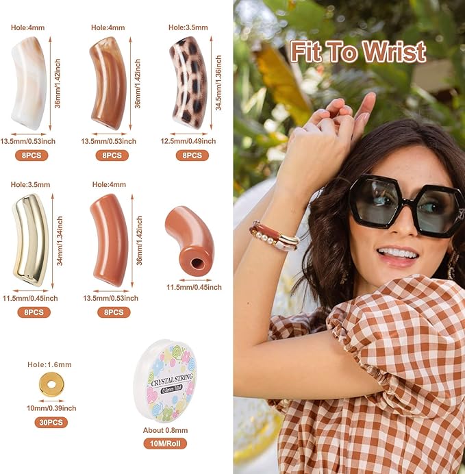 Crafans 40Pcs Acrylic Curved Tube Beads Brown Leopard Print Large Hole Twist Tube Beads with Elastic Thread Bracelet Making Kit for Crafts DIY Bamboo Bangles Jewelry Making Supplies