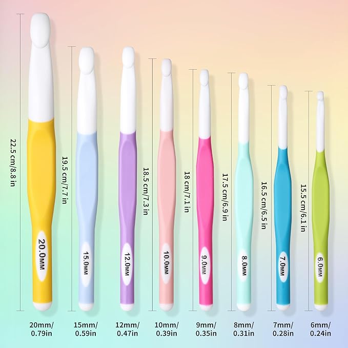 Froggod 8 Sizes Large Crochet Hooks Set, 20mm 15mm 12mm 10mm 9mm 8mm 7mm 6mm Crochet Hooks for Chunky Yarn, Long Ergonomic Crochet Needles with Rubber Handle