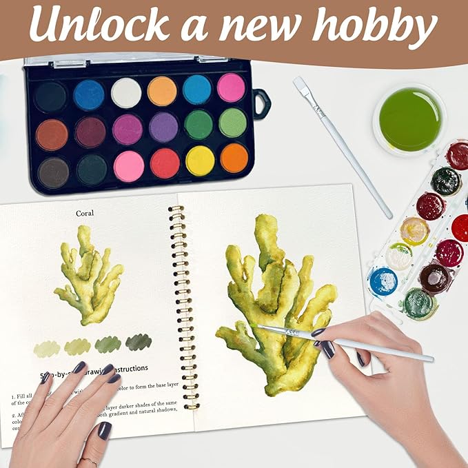Watercolor Workbook, Water Coloring Book, 12 Different Patterns of Original DIY Designs, 18 Colors Watercolor Paint Set, Beginner-Friendly Watercolor Workbooks(Marine organisms)