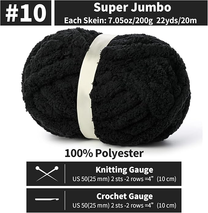 10 Pack Jumbo Chenille Yarn for Crocheting, #10 Super Bulky Baby Soft Yarn for Hand Knitting, 220 yds /70.5 oz Fluffy Chunky Knit Throw Blanket Yarn (Black)