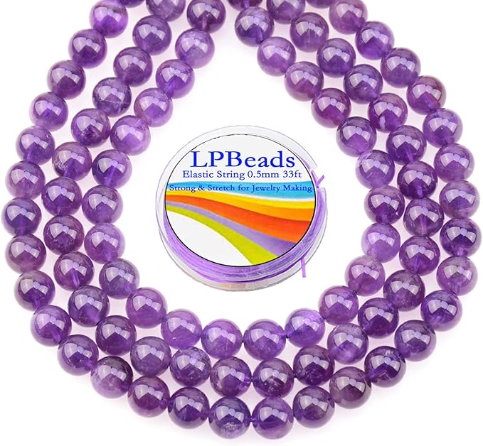 LPBeads 80Pcs Polished 10mm Round Natural Amethyst Gemstone Loose Beads with Stretch Cord for Jewelry Making Bracelets