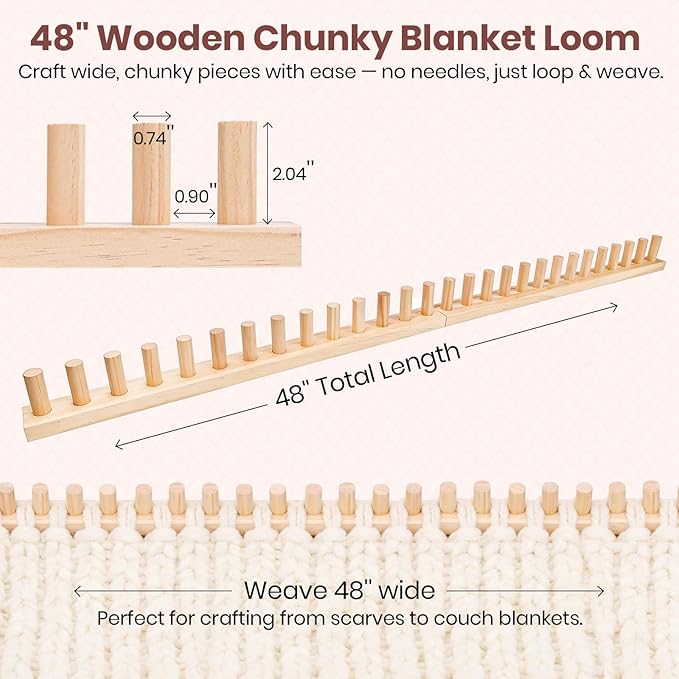 Solid Wood Chunky Blanket Loom for Chunky Yarn to Knit without Needles - Foldable Chunky Yarn Loom for Blankets & Scarves - Available in 32"/48"/72" - with Storage Bag, Stress Relief DIY Gift
