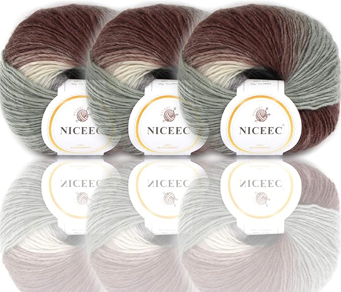 NICEEC 3 Skeins 100% Wool Rainbow Yarn Single Ply Yarn Soft Gradient Colorful Yarn Self-Striping Crochet Yarn for Knitting-25#
