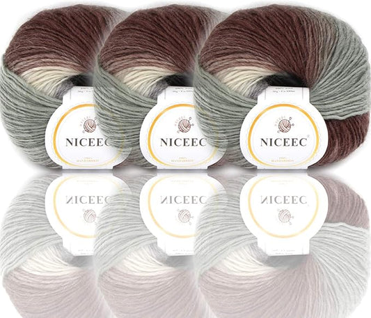 NICEEC 3 Skeins 100% Wool Rainbow Yarn Single Ply Yarn Soft Gradient Colorful Yarn Self-Striping Crochet Yarn for Knitting-25#