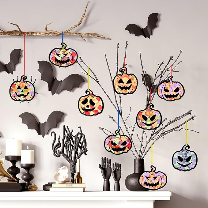 Yaomiao 30 Set Halloween Pumpkin Suncatchers Paper Crafts Kit DIY Shaped Stained Glass Effect Tissue Paper Hanging Suncatchers for Halloween Home Birthday Party Favors Gifts