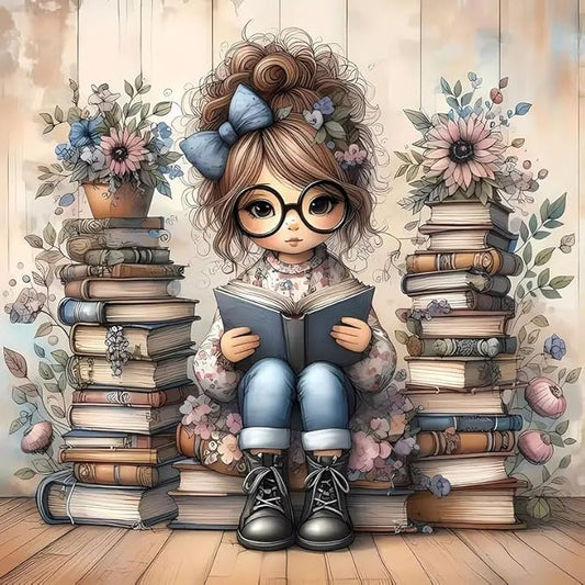 girl cross stitch kits for adults beginner,book flower counted cross stitch kits printed stitching cute patterns dimensions needlepoint art crafts embroidery kits for adults beginners (13.7x13.7 inch)