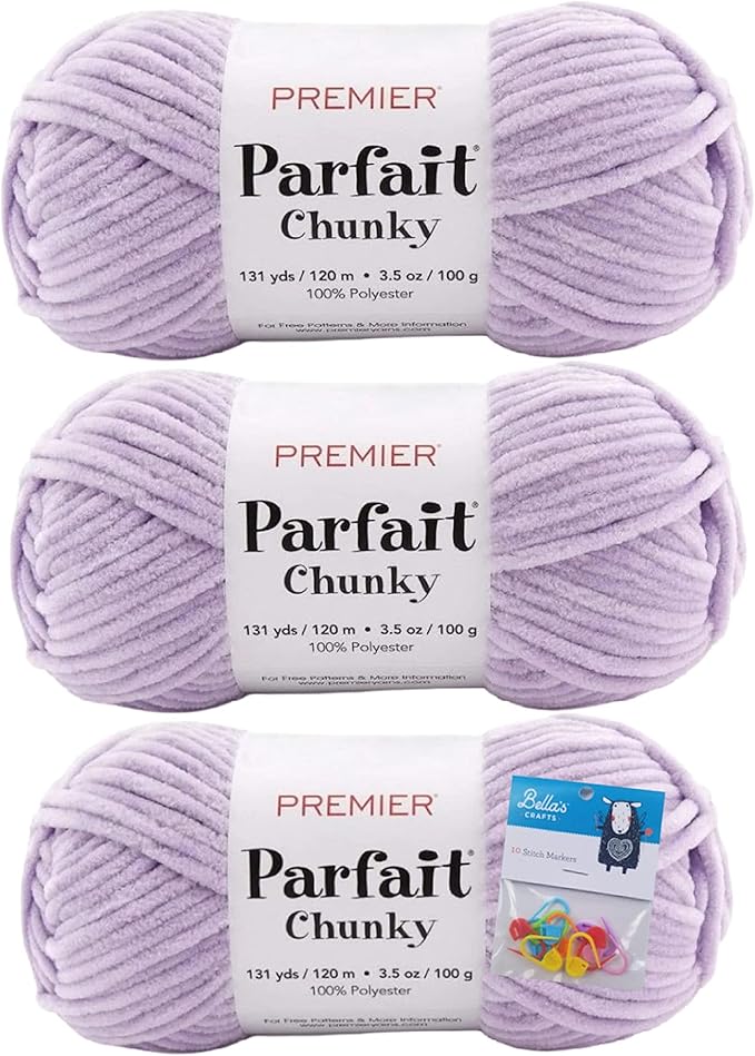 Premier Yarns Parfait Chunky Chenille Yarn 3.5 Oz 6 Super Bulky Weight 3 Pack Bundle with Bella's Stitch Place Holders (Lilac)
