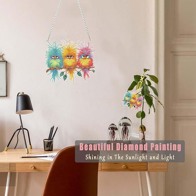 Masendp Small Bird Diamond Painting Hanging Ornament Kit, DIY Special Shaped Rhinestone Window Hanging Kit, Suitable for Home and Garden Wall Decoration Gifts