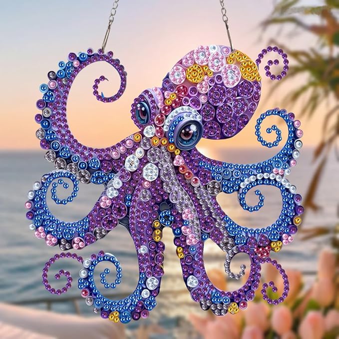 Muzagroo Art Diamond Art Kits for Adults, 5D Diamond Painting Kits for Beginners, DIY Special Shaped Diamonds Art Hanging Ornament for Windows 2 PCS Animals Diamond Pendant (Octopus)