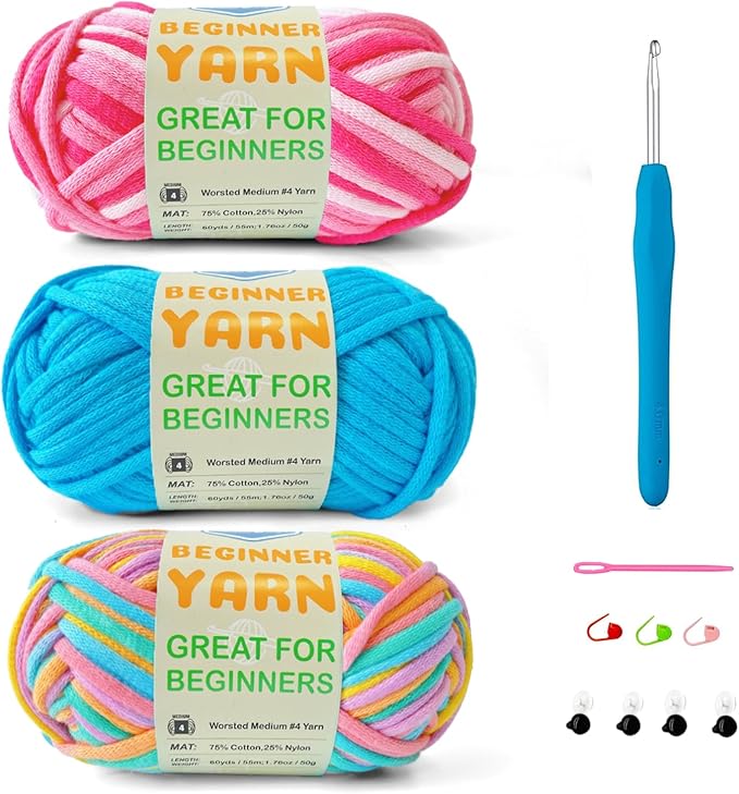 3 * 50g/1.76oz Yarn for Crocheting and Knitting, 3 * 60yds Beginner Yarn with Easy-to-See Stitches; Worsted-Weight Medium #4;Amigurumi-Friendly Crochet Kit(Petal+Blue+Merry Pink)