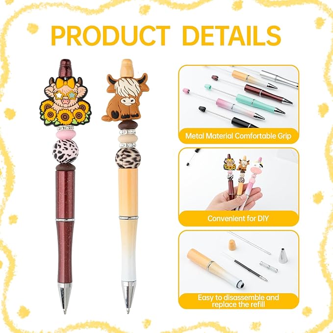 12 Set Highland Cow Theme Plastic Beadable Pens DIY Set, Assorted Bead Pens Crystal Round Spacer Pendant Set Black Ink DIY Ballpoint for Teachers, Women Men Gift Office Supplies